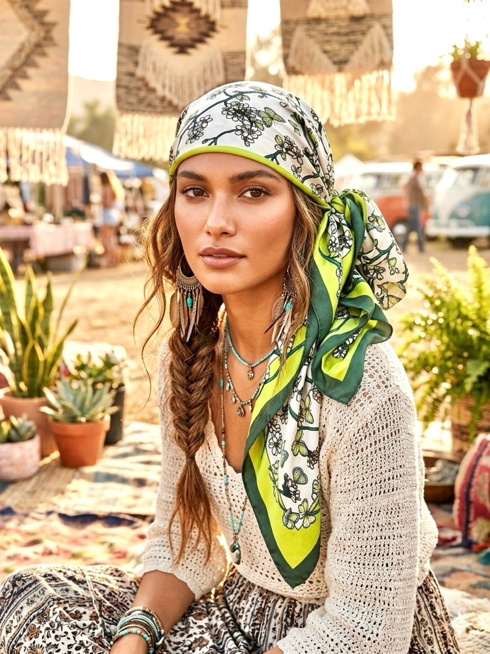 Butterfly botanical Bohemian Floral Green Bandana Scarf/wrap